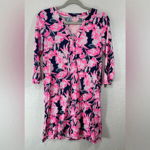 Lilly Pulitzer Daphne Dress Inky Flamingo Pink Blue Pima Cotton Women’s XS